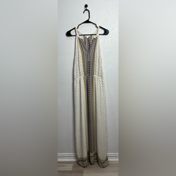 C Women’s Cream Brown Yellow Halter Maxi Sundress Resort Wear Sz L Sleeveless - Picture 1 of 9